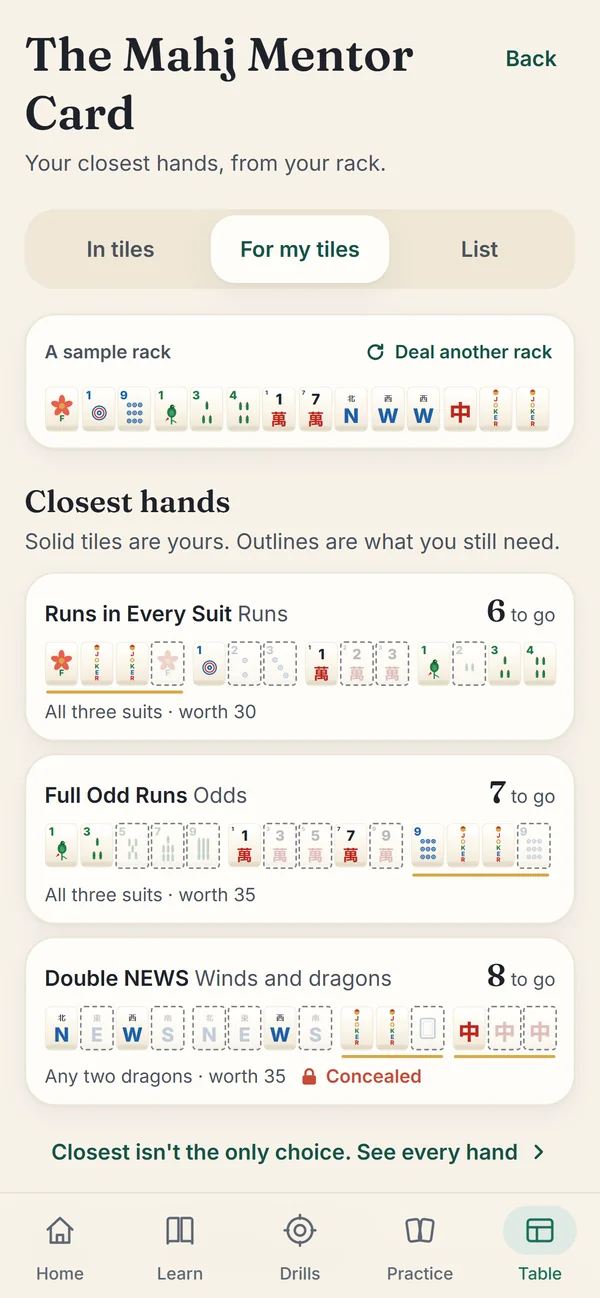 The card's For my tiles view: a sample rack, then the closest hands drawn in tiles, with solid tiles already held, outlines still needed, and how many to go.