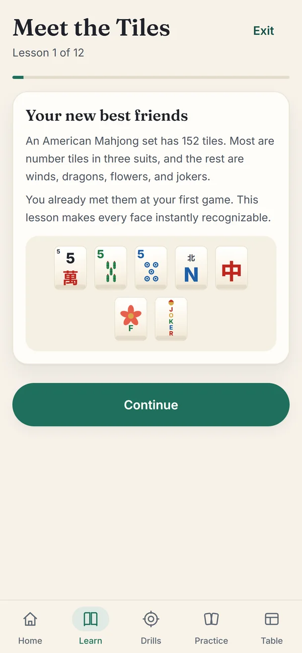The first lesson, Meet the Tiles, introducing the number tiles in three suits, a wind, a dragon, a flower and a joker.