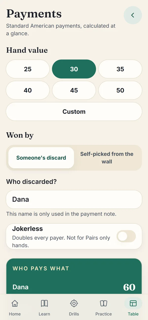 The payments calculator: pick the hand value and how it was won, and it shows who pays what.